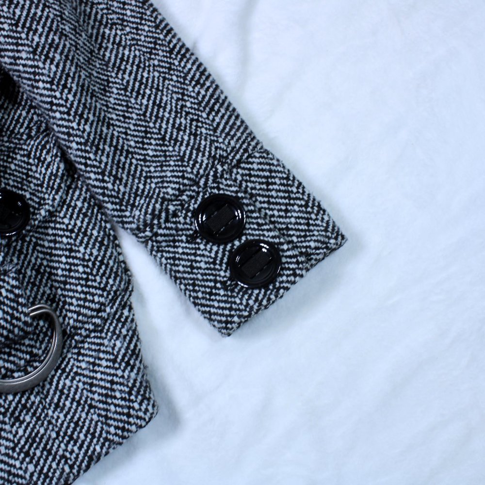 Vintage Oxygen Herringbone Wool Blend Belted Coat Black White Ribbed Collar - Picture 6 of 10
